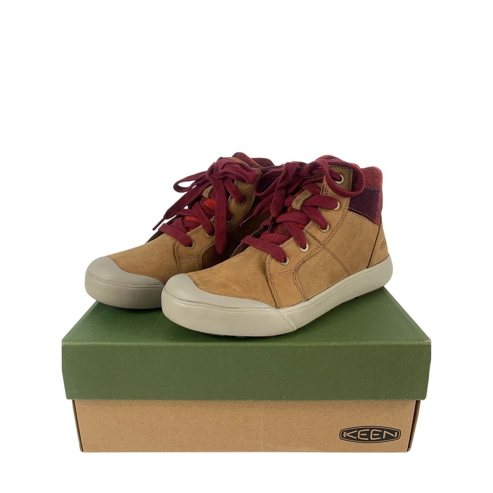 KEEN Elena Mid Womens Boots Tan Leather Red Buffalo Plaid Sneaker 1022033 Size 8